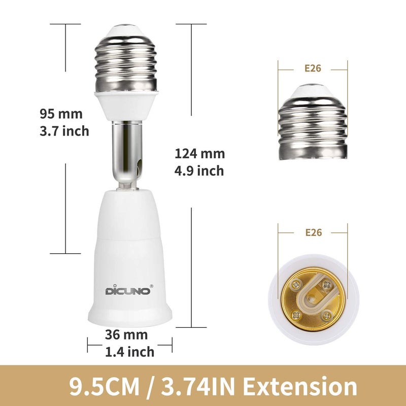 DiCUNO E26 to E26 Socket Extender (9.5CM/3.74IN Extension), Standard Screw Base, 165â„ƒ Heat-Resistant, Maximum Wattage 200W, Socket Base Extension Adapter, 180 Degree Bendable, 4-Pack - Image 2